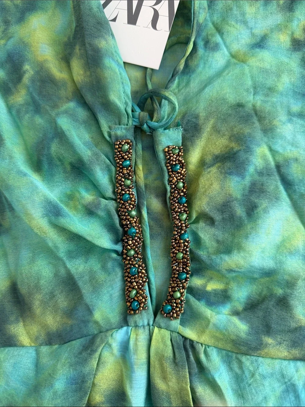 Zara Printed Beaded Dress Kaftan Lyocell blend lightweight Green M NWT